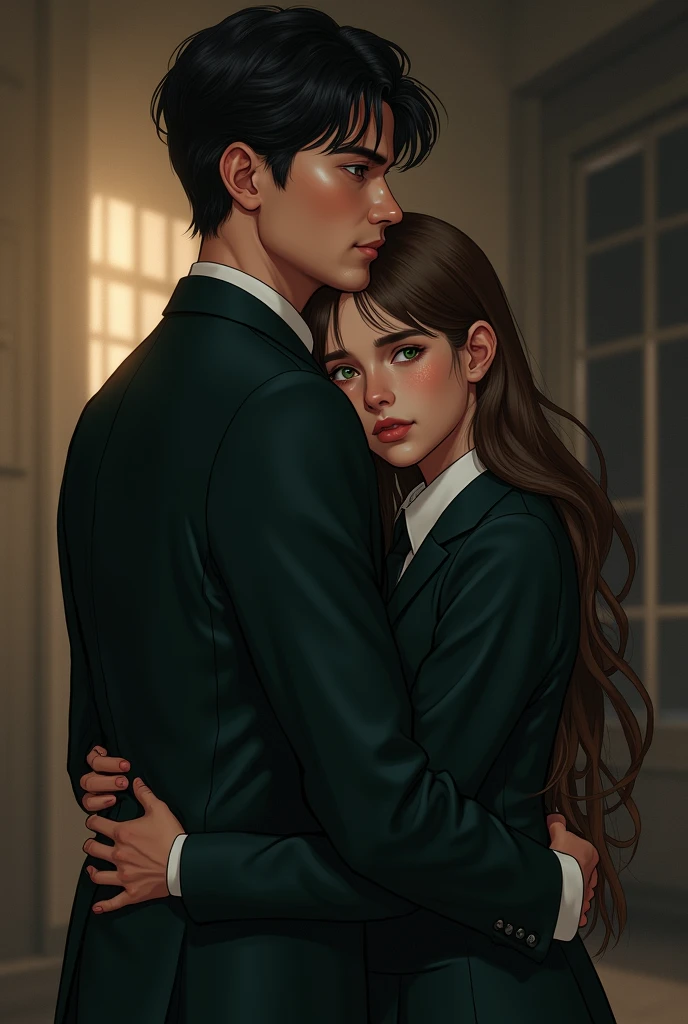 - a man and a girl, the girl hug him from behind with wrapping her arms around his neck while the man looks like he wants to escape from her 
- both of them are wearing boarding school uniform
- the girl is brown hair and brown eyes while the man is black hair and green eyes
 