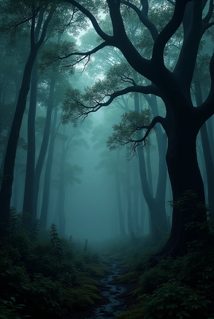 generates a dark forest with more trees in the background with a tree on the right with a branch sticking out at the top