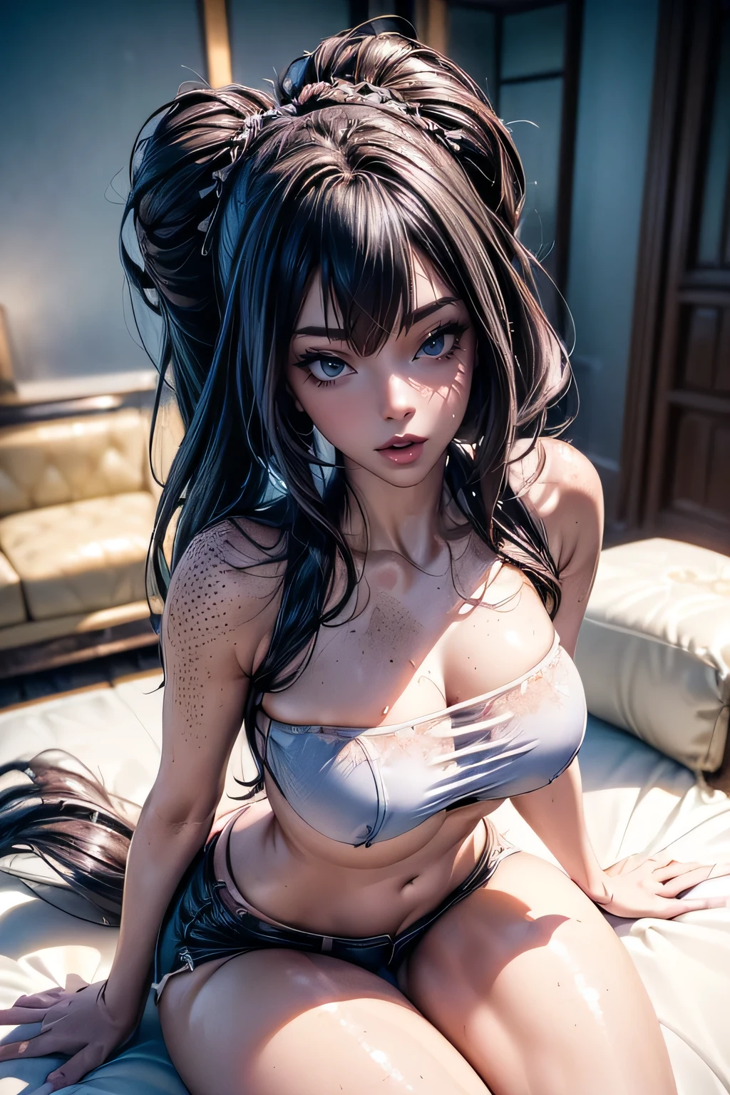 (best quality), (exquisite and meticulously detailed masterpiece), (hyper realistic anime face), (octane render), (((3D))), photorealistic, Create a hyper-detailed, high-resolution illustration of an anime-inspired woman, showcasing a blend of photorealistic and anime elements. This character combines the ethereal beauty with the captivating allure of anime aesthetics. She has deep, expressive blue eyes, ((pefect beautiful big eyes)), (((big eyes))), ((eyeliner foxy eyes)), and her hair is very long, reaching almost to her waist, with a ((dark black hair)), (messy hair). shes has two messy buns and also lots of ((messy loose hair). Her ((((((lips are large and luscious, enhanced with hyaluronic acid injections)))))),(((bimbo lips))), , giving them a soft appearance. The woman has a serene gaze and a slight smile, adding an air of mystery and charm, ((mischievous slightly smile)), (((Her face is covered in lots of freckles))), ((as well as her chest and shoulders)), ((freckles on face, chest and shoulders)). Her skin is smooth, silky and pale. She is thin and has a (( tiny waist)) that, along with her sensual hips, gives the impression of resembling an hourglass, ((((small boobs)))), ((small size boobs)), (((visible collarbones))), ((light purple croptop)), (((underboob))), showing collarbones, ((neckline)), ((sleveless)), ((shorts)). The pose is dynamic and provocative, (dynamic pose:1.5), sitting pose, ((spread and open legs)), ((from above view)), (detailed day indoors:1.6). This masterpiece marries the ultra-realistic detail of her features with the distinctive charm of anime aesthetics, aiming for an 8K resolution to capture every nuance of this intricate scene, )