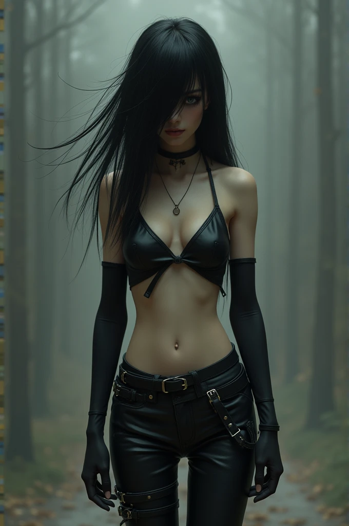 Create a character with long black hair, emo strappy top and emo pants, faceless and waving