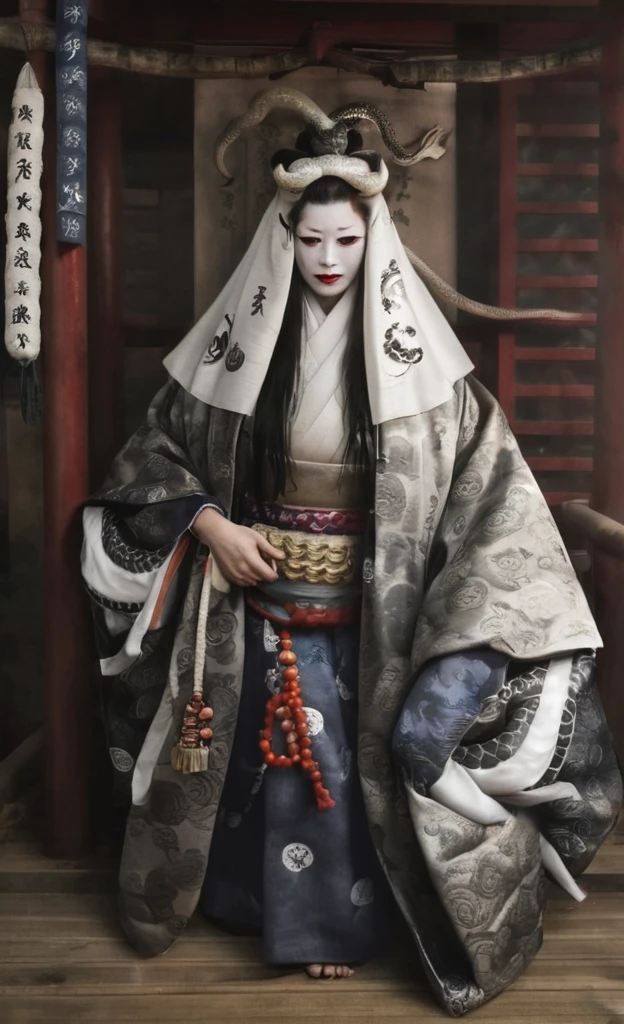 woman,White Face,kimono,A large white snake coiled around his body,Inside the shrine,Dim atmosphere,Realistic photos、