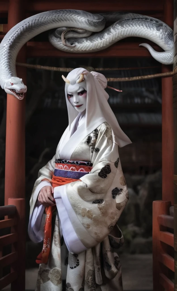 woman,White Face,kimono,A large white snake coiled around his body,Inside the shrine,Dim atmosphere,Realistic photos、