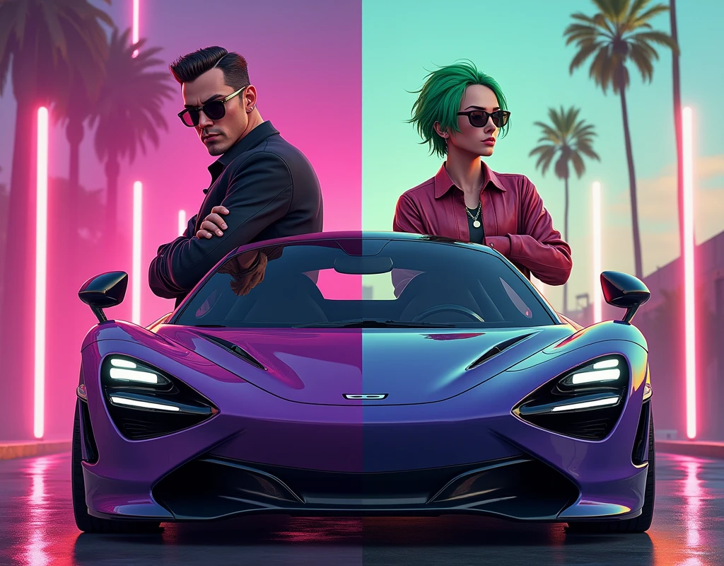 a half body and a clean shave man and a man with green hair and clean shave looking in front and man doing the hand pose and sunglasses and man with half body style of gta v, as a character from gtav, gta5 style, gta v style, gta character, jerma985 , as the protagonist of gta 5, gta 6 style, ! split hair dye!, gta v character, gta 5 skin tone, gta v street style the sports car in back ground which color is purple and half body pic
full body picture and
the man with short hair and the car is mclaren p1 in purple car
