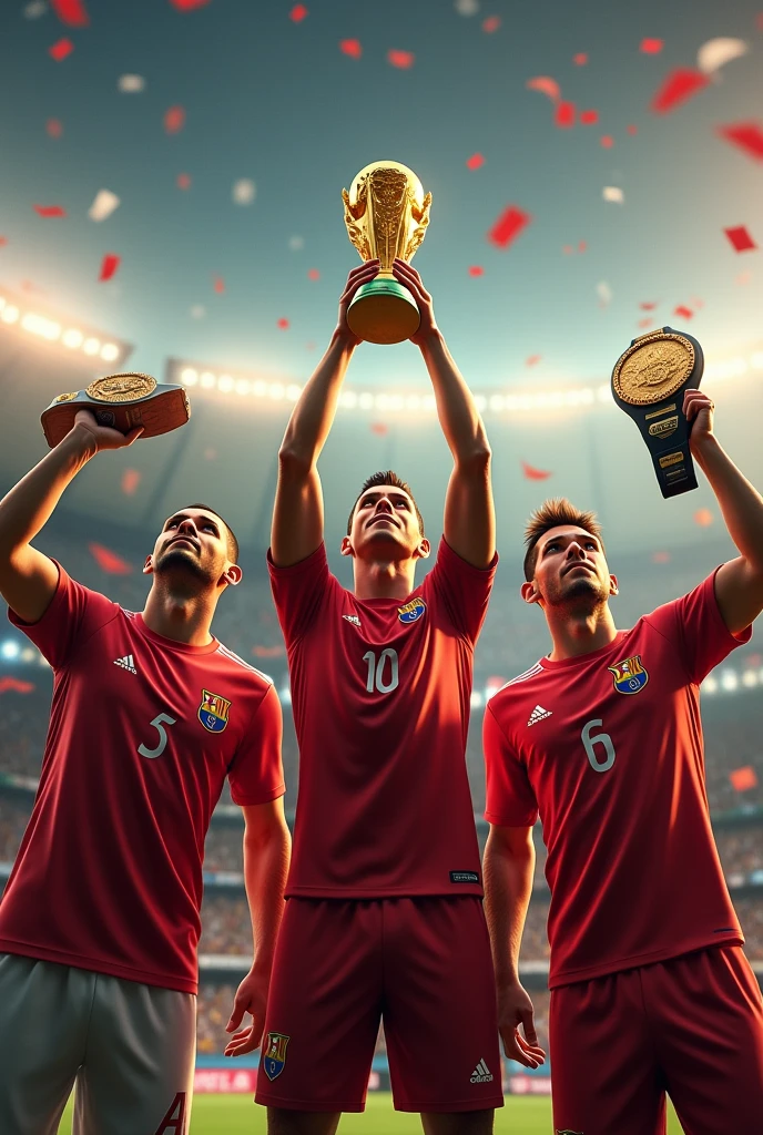 Cristiano Ronaldo holding the World Cup and Leo Messi holding the Ballon d'Or and Neymar holding the UFC Cup