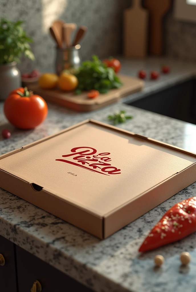 create a realistic and detailed pizza box on the counter with the label written on it "LaPizza" Italian fashion