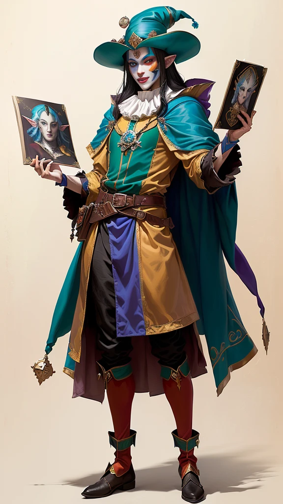a woman in a costume and a hat, court jester in renaissance era, medieval jester, court jester, fantasy character art, bard jester character sheet, male jester, fantasy character design, fantasy character, complex fantasy character, inspired by Fra Bartolomeo, inspired by james christensen, gerald brom style, jester, jester themed, michael hussar, fantasy genre portrait, elf, high elf, elf character, black hair, dark hair, midnight hair, turquoise eyes, light blue eyes, cyan eyes colour, backpack, wearing a backpack, 6'3" tall, tall character, belt pouch, pouch on belt, coin pouch, clown makeup, face paint, wearing clown makeup, full body, show full character, full portrait art