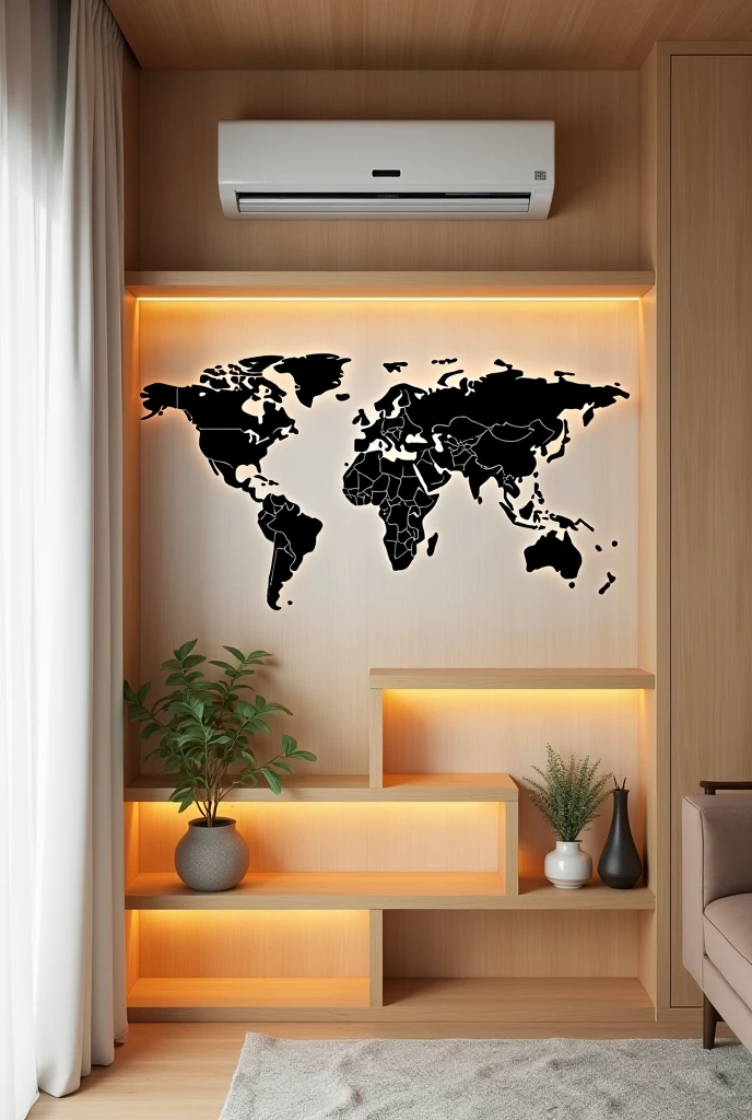 Create a small wall next to a window with white curtains. The wall is covered with MDF blond freijó, on top an air conditioner, in the middle a world map and below the world map 3 shelves with lighting.