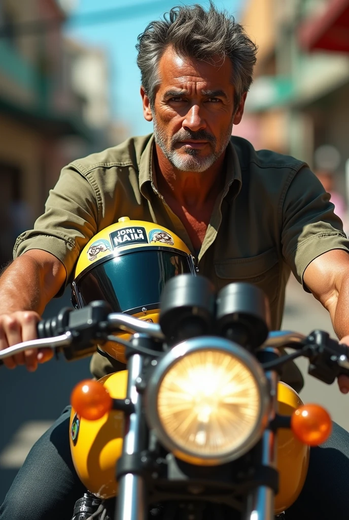 Create a realistic photo of a man on a famous Brazilian faired motorcycle, that his face appears and he has the helmet in his hands