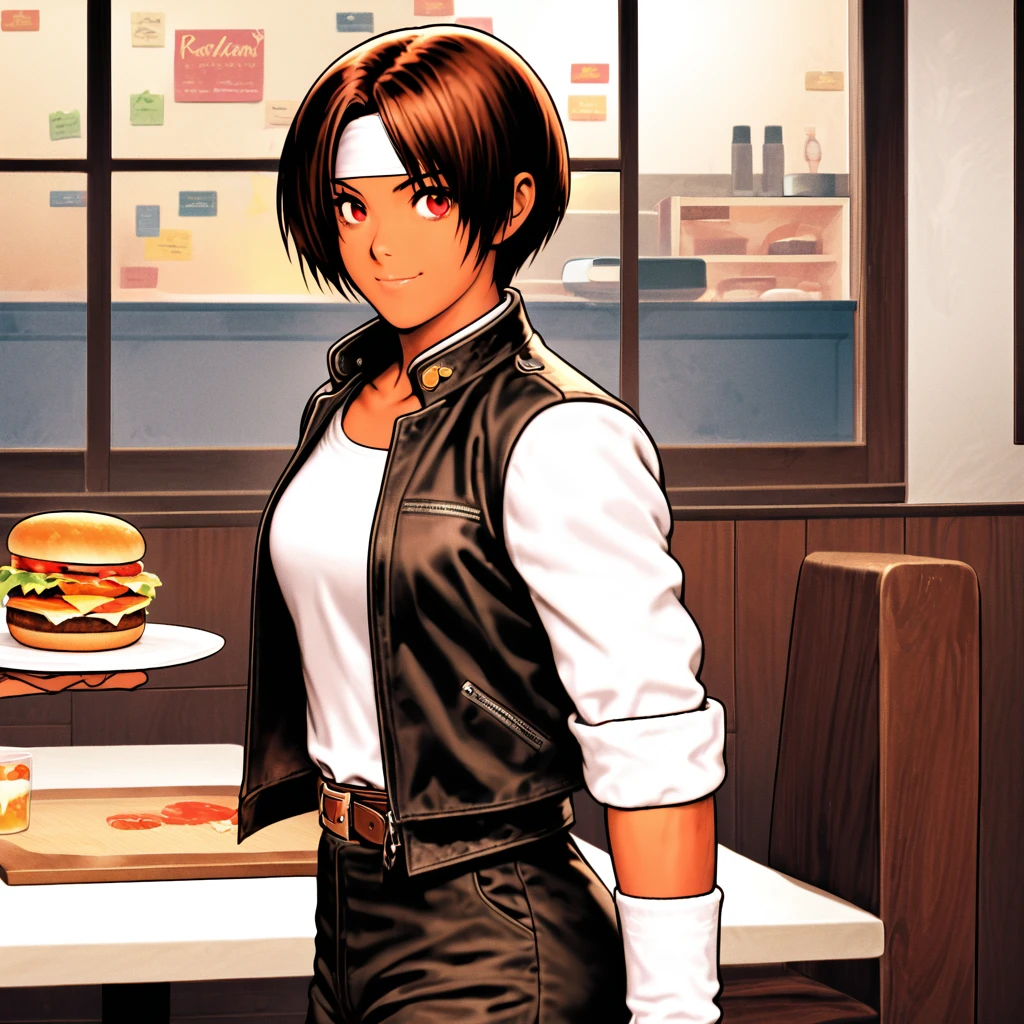 single,female,short,dark hair,dark skin,red eyes, ((rolled up black jacket)),fingerless gloves,white T-shirt, ((white headband)),black pants,white shoes,brown belt,cute,indoor-oriented,charming,top quality,neat face,neat eyes,confident smile,eating Neapolitan in restaurant Eating Neapolitan food at a restaurant,busy