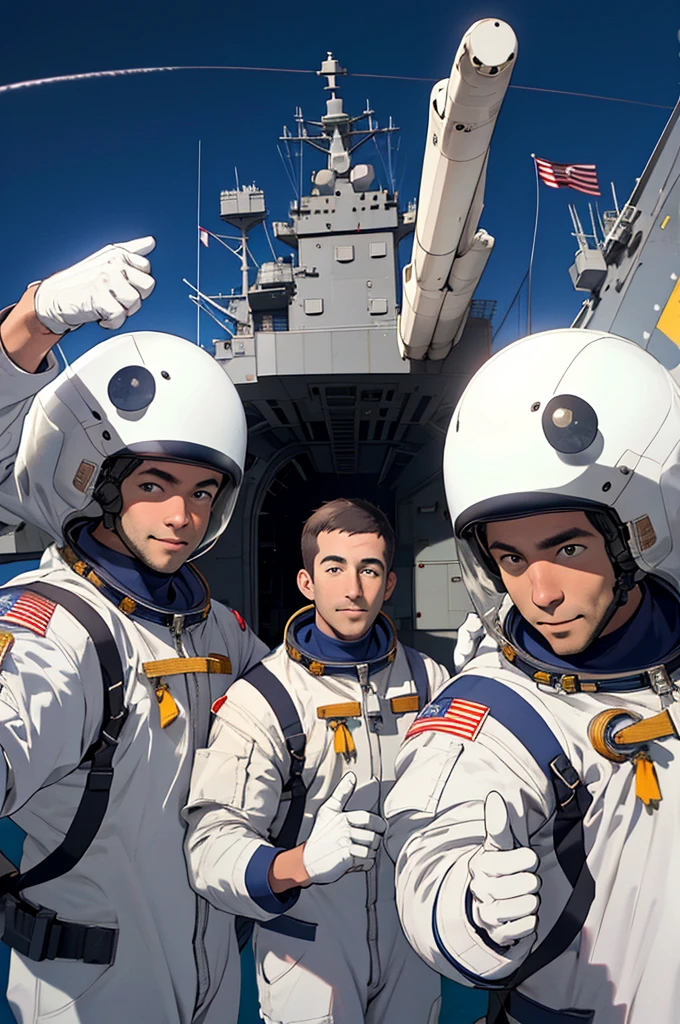 The three astronauts aboard an aircraft carrier, waving at the camera.high resolution, 