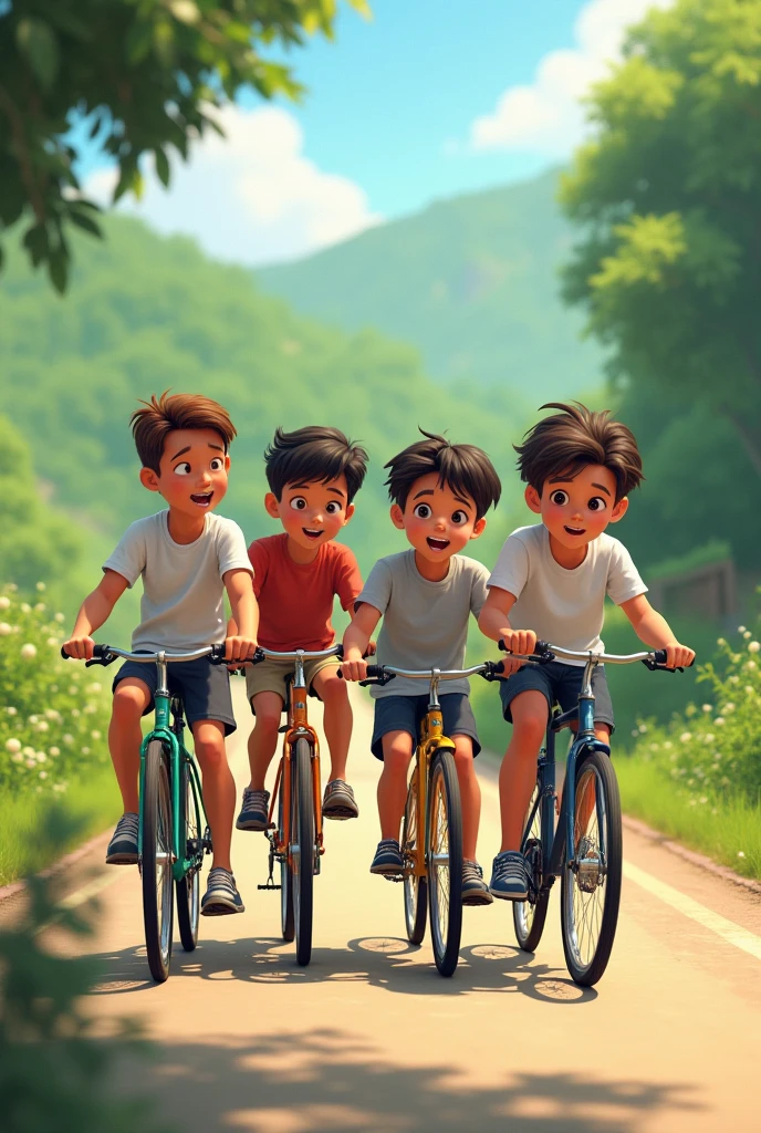 4 boys riding a cycles with gap in between