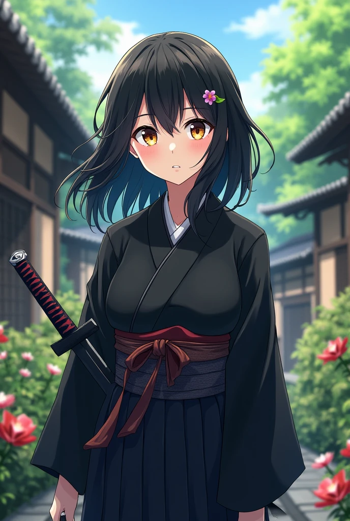 absurdres, highres, ultra detailed, HDR, master piece, best quality, black hair, expressive light brown eyes, solo, , cute, Jujutsu Kaisen, black kimono, extremely detailed face and eyes, village, green leaves, flowers, katana, anime boy, man, fushiguro megumi