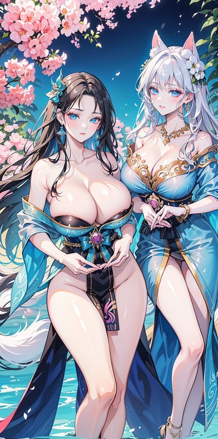 ((((2 young women ,beautiful woman)))),folk girl,long, I'm half white, half black. , purple eyes ,White animal ears,Foxtail, (Nine-tailed fox (Mythical creatures):1.3), braid ,Purple Thai dress,กระโปรงไทยโบราณlong,holding a jasmine garland,countryside,countryside,beautiful scenery,Ancient sites of Ayutthaya,smile with teeth,forehead,forehead exposed,big ,rift, ,(2 young women ,beautiful woman),หน้าอกbig,Show your breasts,The cracks are clear............,((หัวนมbig)),(pubic bone), rift, visible chest,seductive pose,I see bulging nipples.,(((areolae ขนาดbig:1.4,pink,The nipples are clearly visible...............))),(Separate outfit showing nipples:1.4), (semi-naked:1.8),(dance,Thai dance),(pussy,bare female genitals))