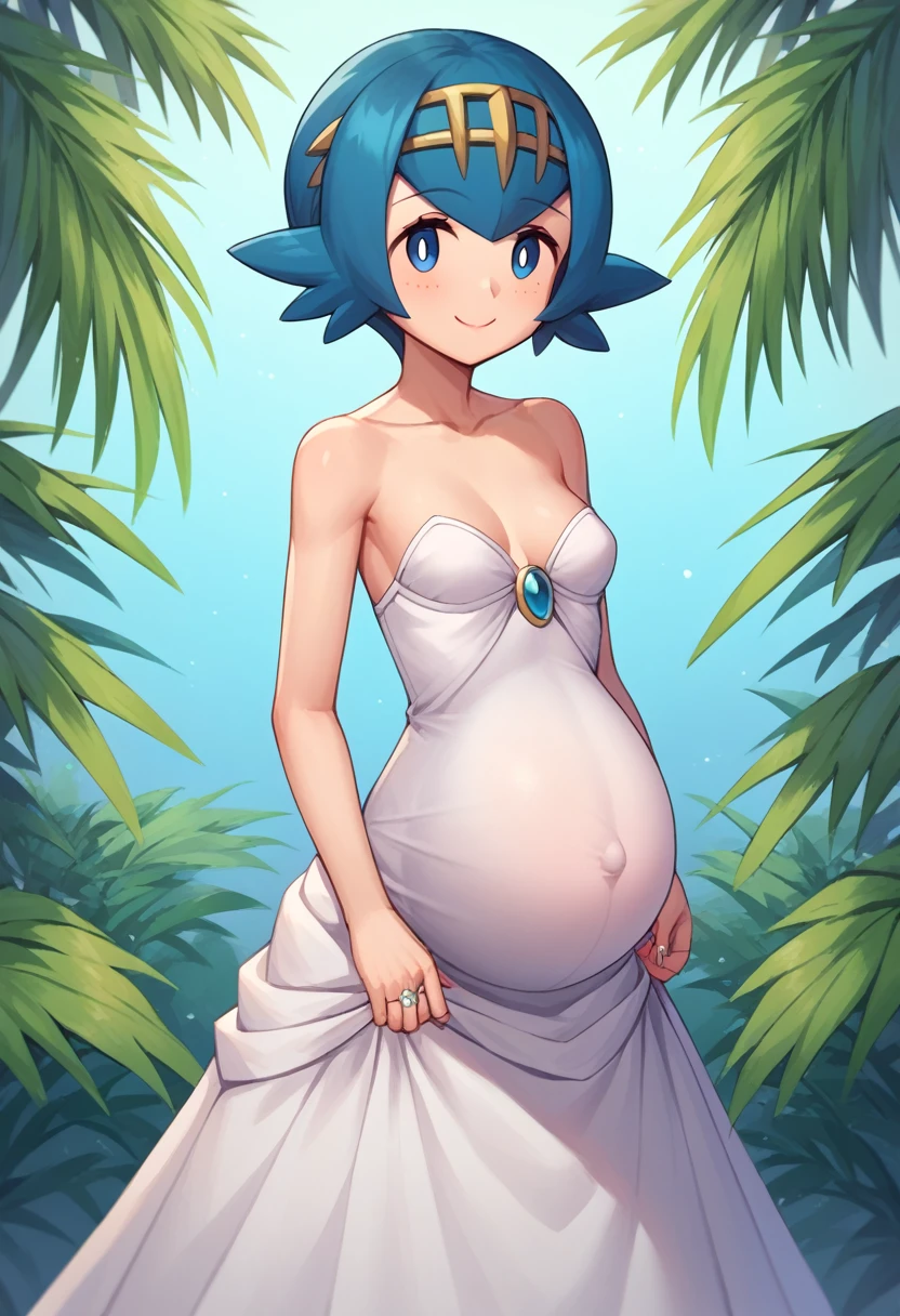 ((masterpiece,best quality)), absurdres, Lana_Pokemon, solo, smiling, looking at viewer, cowboy shot, tropical background, cinematic composition,  (young:1.8) (small breasts:1.4) short, (pregnant:0.9) happy, wedding dress, wedding ring