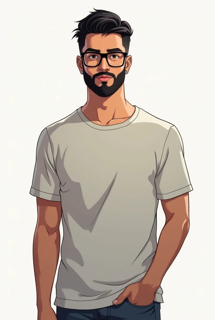 "Create an anime-style character design of a young man named Caio. He stands at 1.80m tall with an athletic but average build. His skin is a warm medium brown tone. He has short, neatly styled black hair, combed to the side with a subtle, smooth top. Caio wears black, rectangular glasses with a modern, subtle frame. His face is framed by a well-groomed, full beard that complements his sharp, anime-style facial features. For clothing, design him in casual attire such as a comfortable t-shirt or shirt with jeans or casual pants. The character design should emphasize clean lines and a slightly exaggerated anime aesthetic, with a focus on his casual, relaxed outfit."