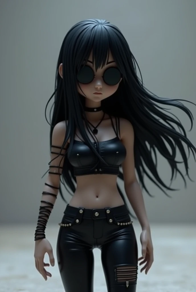 Create a Roblox character with long black hair, emo strappy top and emo pants, faceless and waving