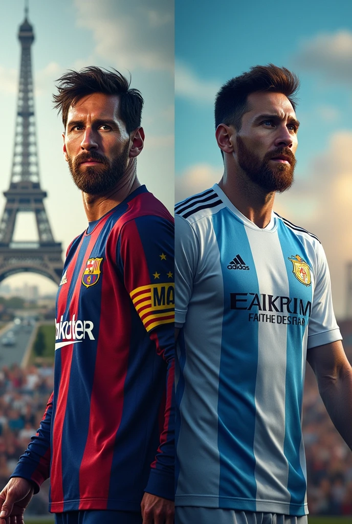 Generate me 4 images for a design, leonel messi in paris, barcelona, inter miami and argentina