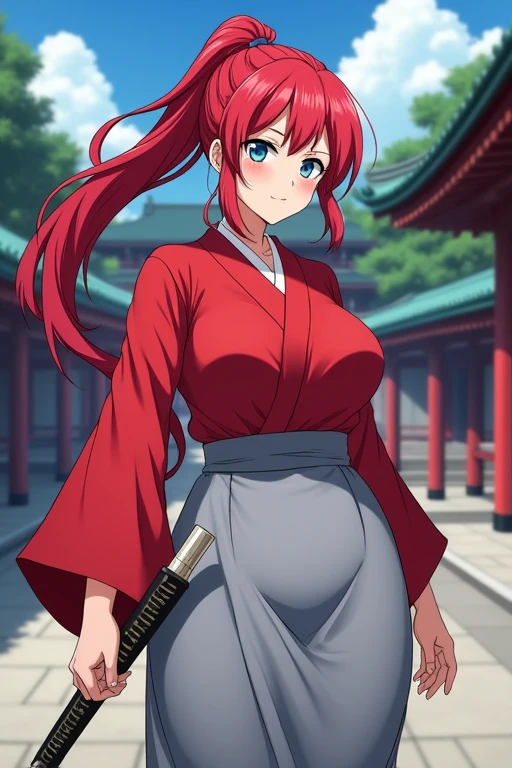 Anime Japanese female Shrine maiden Crimson hair Ponytail Blue eyes One samurai sword on left hip Scarlet shirt Light grey skirt Large breasts Large butt Narrow eyes