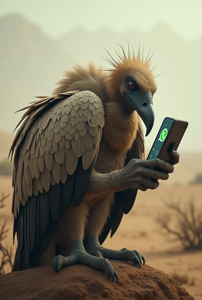 Vulture sending a message on WhatsApp from a cell phone
