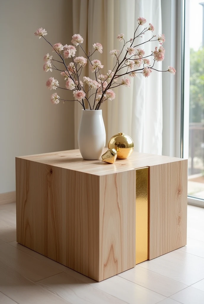 Handcrafted square small table combining natural wood and clear epoxy.. The table top is covered with a smooth epoxy layer, which gives an elegant glass touch and highlights the natural wood details.. Thin gold stripes are embedded within the epoxy to add a touch of luxury and sophistication.. The sides are made of high quality MDF wood, with a smooth finish that harmonizes with the simplicity of the design.. The table is decorated with light decorations such as delicate artificial flowers and delicate gold vases.. This simple and elegant design makes the table a distinctive piece that adds a touch of modernity and sparkle to any room in the house.