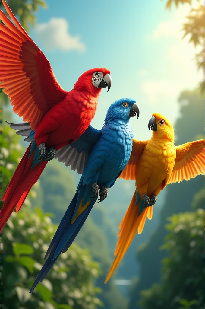 Three imposing birds of paradise flying, a red bird, a blue bird and a yellow bird 