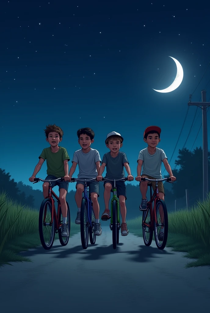 4 boys riding a cycles with gap in between in night road