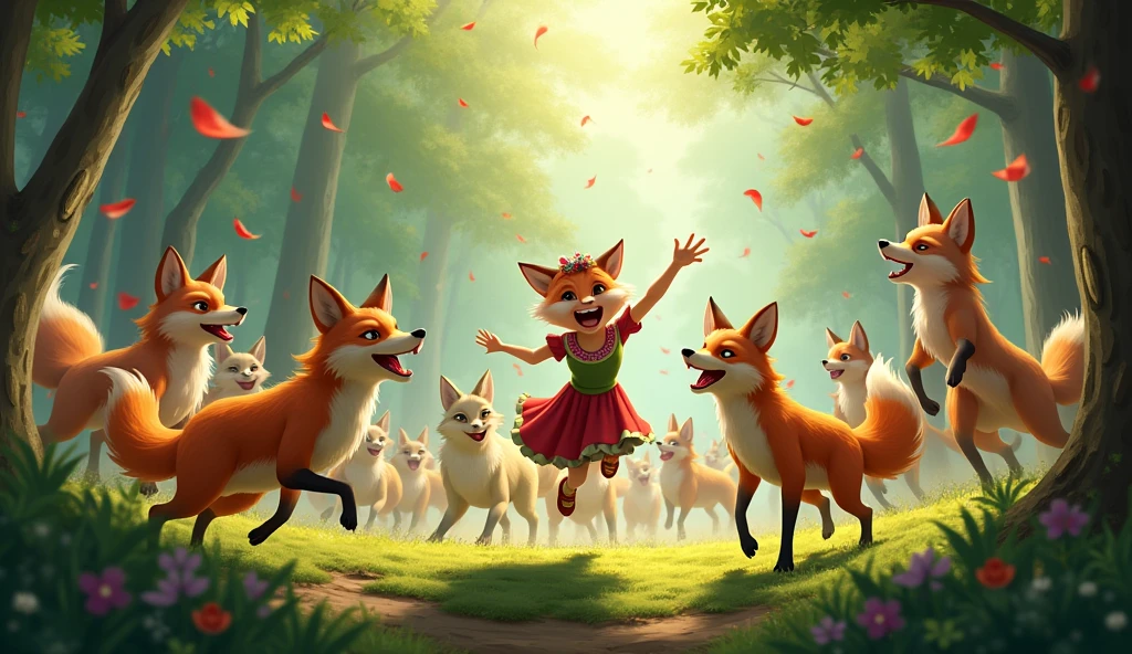 FOXES AND WOLVES IN THE FOREST HAPPY WILD PEOPLE JUMPING IN PARTY
