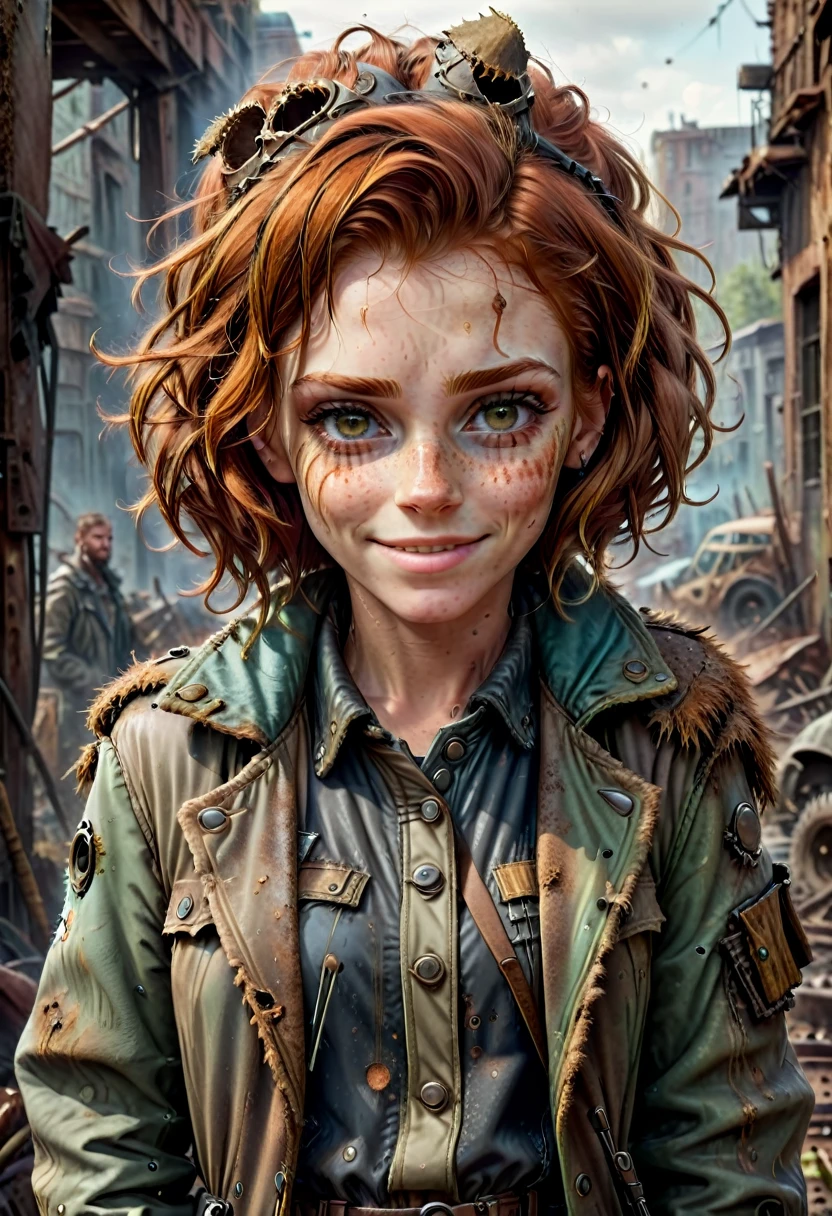 (Realistic:1.2), ultra detailed, modern analog style, photorealistic cute woman, chestnut hair, tattered outwear, post-apocalyptic, detailed face, beautiful eyes, (shy smile:0.7), freckles, holding a big staff, exhausted after another battle, dramatic, vibrant, sharp focus, looking directly to the camera, centered image, elegant, approaching perfection, hyper realystic, bokeh, cannon 6d, blured post-apocalyptic background