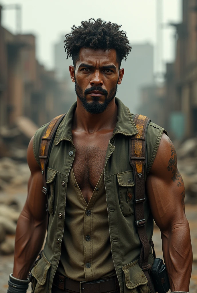 Adult with a defined and thin body, his eyes are brown and his skin tone is light brown.,His hair stands out for being curly and having a slight beard. He lives in the Fallout capital wasteland. ,not so defined