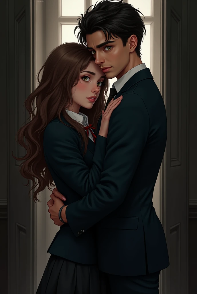 - a man and a girl, the girl hug him from behind with wrapping her arms around his neck while the man looks like he wants to escape from her
- both of them are wearing boarding school uniform
- the girl is brown hair and brown eyes while the man is black hair and green eyes