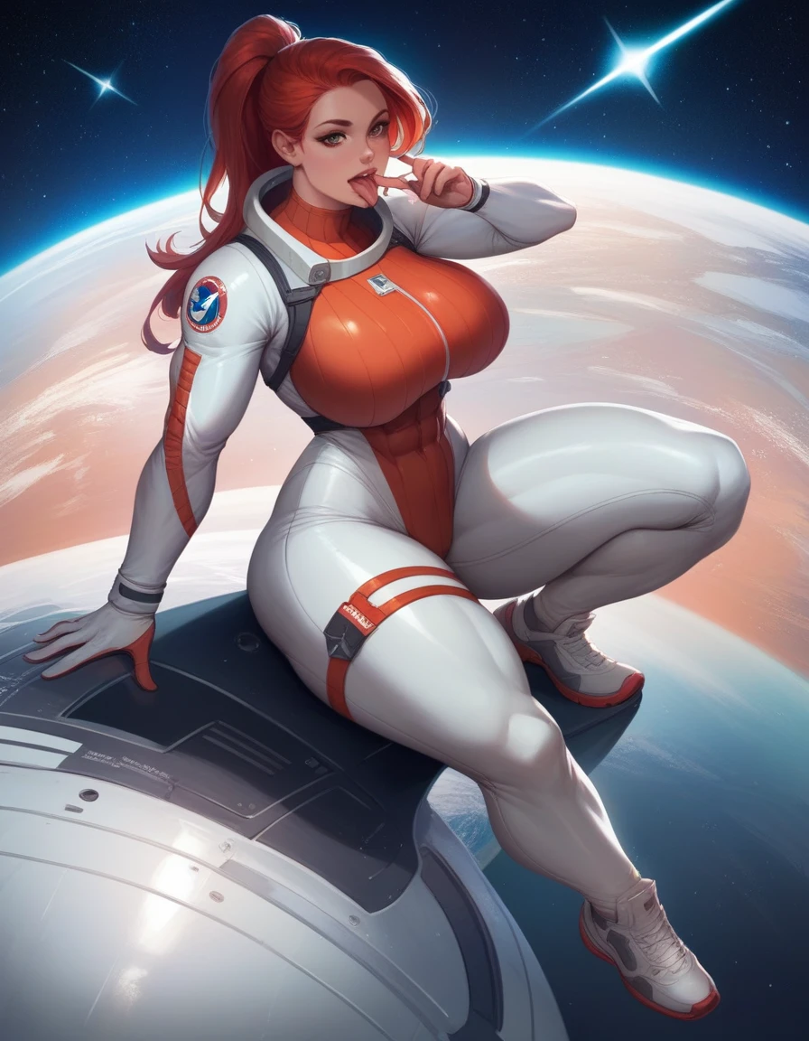 Hot sexy woman with huge breast, huge ass, red ponytail, tight full body space suit, muscular, abs, beautiful face, tongue out, legs spread, eyes looking up, licking finger, on space ship