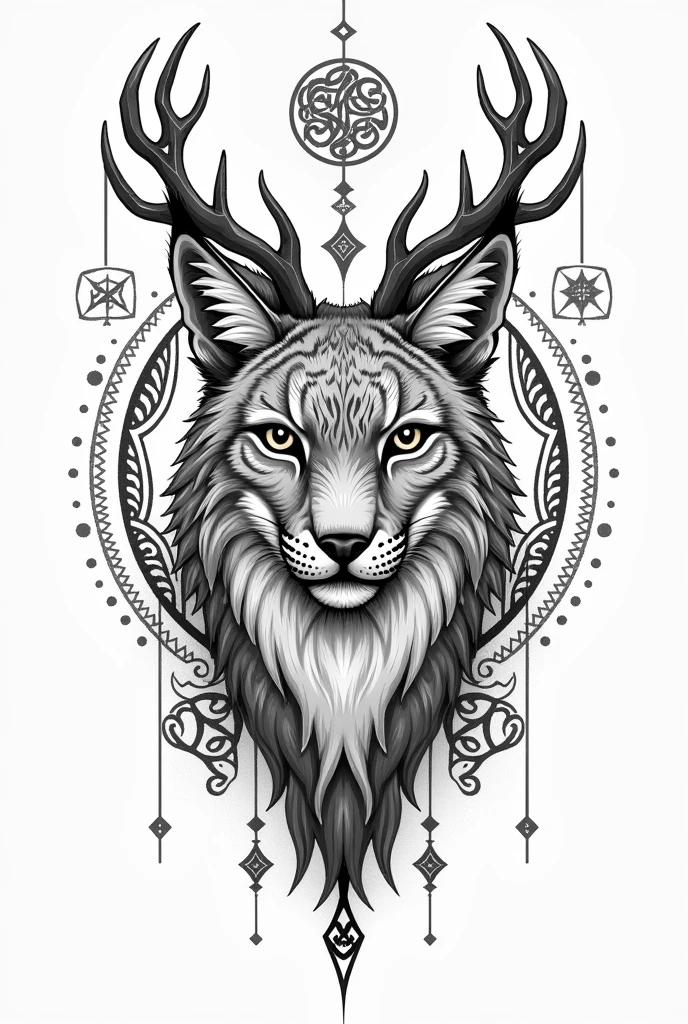 Could you create a sketch of a forearm tattoo of a lynx with small deer antlers??, also with Nordic symbols