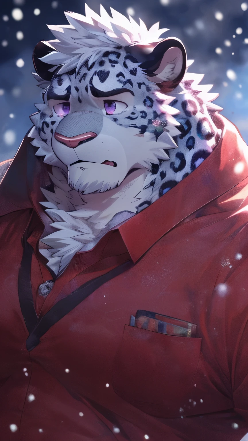 human nature, wild animals, male, 28 years old，youth，solitary, ((Round Face, The face is plump, Purple Eyes, Thick white hair，Scars)), ((Endomorph, Handsome，Hot Blood)), （Mecha suit，no electricity，exhausted), ((domestic snow leopard, Snow leopard orcs) Fluffy fur, Fluffy, grayish purple spots), (snow leopard print), Bokeh, (high quality, high resolution, masterpiece), (Dynamic Lighting, Vibrant colors), (sad，Cry，Many tears，blush) Exquisite eyes，Full body pictures (Vision), cartoon, author：Takemoto Arashi, From Zixiong, author：Chunni, author：Ethereal，（background：Rainforest）