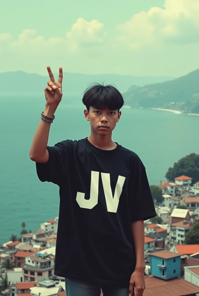 LnF , offwhite , on top of a favela in a black shirt , with a JV on the shirt ,shoreline ,with the left arm making the two-finger cinbolus , with short hair 