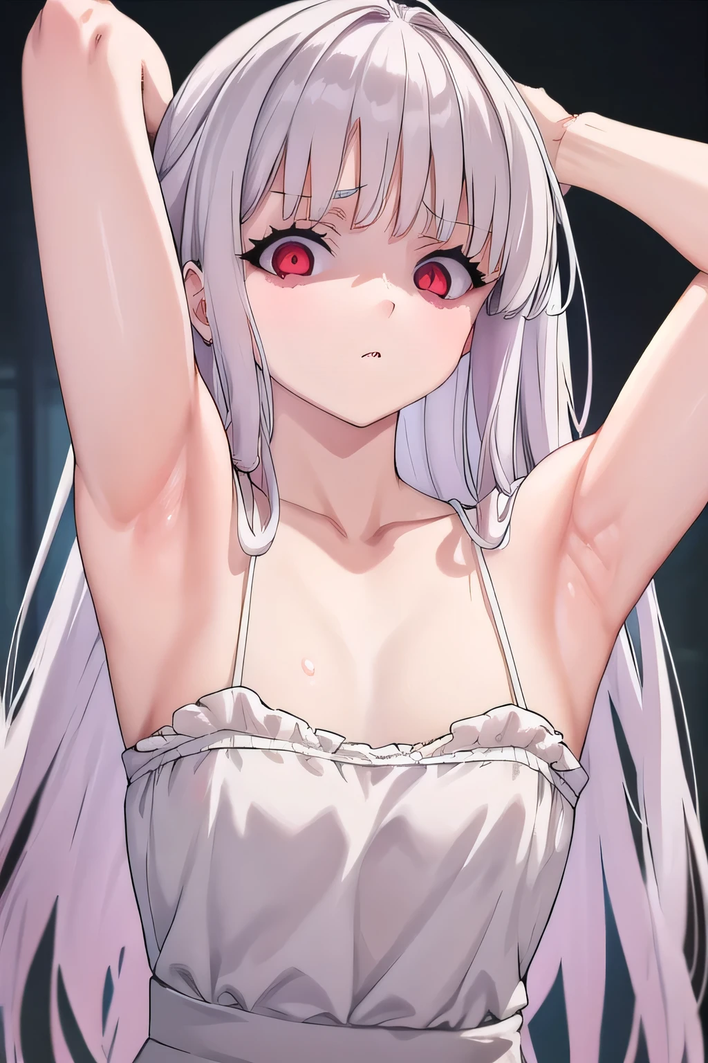 masterpiece, best quality, ultra-high-detailed, disgusted face, white hair, red eyes, sigtuna julie , small breast, arm behind head, left arm, fit body, unpleasure, disdaining , furious , arms up, one armpit , spread armpit , camisole , face to face, tanktop , focus to face, Selfie, upper shoulder shot, arms front, teasing, near camera , cynical look eyes, near shot, shoulder shot, armpit to viewer , so close arm, 