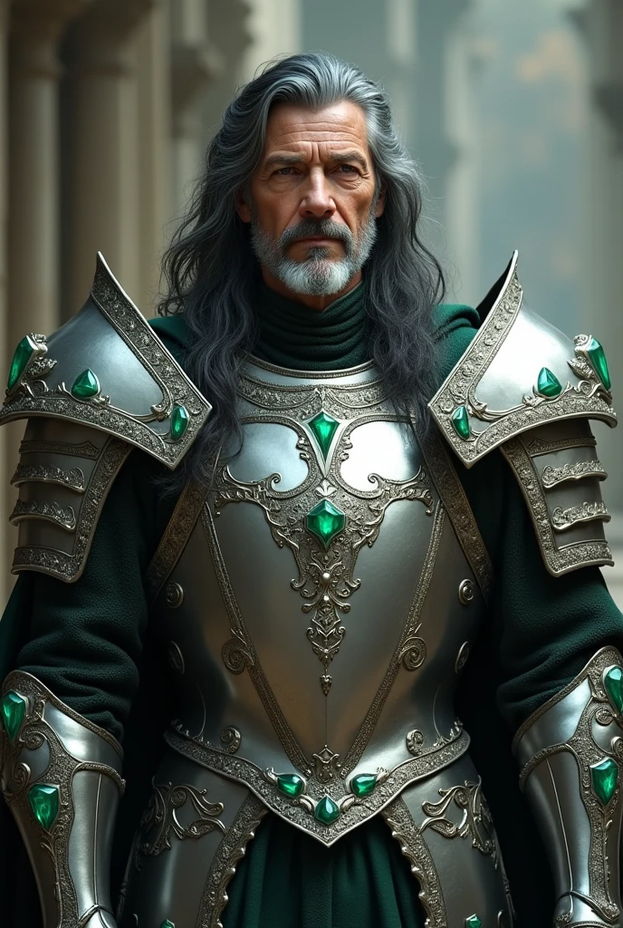 50 year old king in silver armor with green adamant detail. black and gray hair, strong and bold 