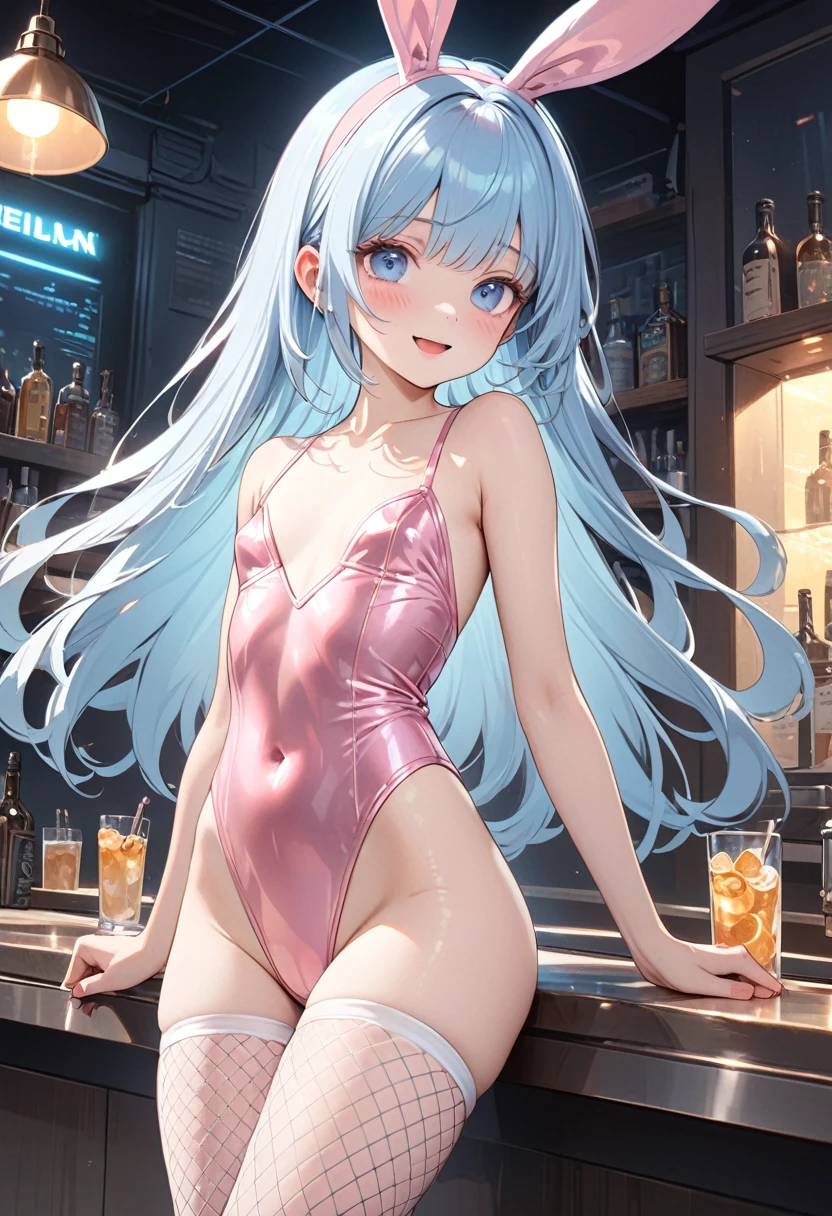 masterpiece, best quality, extremely detailed, (illustration, official art:1.1), 1 girl ,(((( light blue long hair)))), ,(((( light blue long hair)))),light blue hair, , long hair ((blush)) , cute face, masterpiece, best quality,(((((a very delicate and beautiful girl))))),Amazing,beautiful detailed eyes,blunt bangs((((little delicate girl)))),(((tareme))),droopy eyes.(true beautiful:1.2), sense of depth,dynamic angle,,,, affectionate smile, (true beautiful:1.2),,(tiny 1girl model:1.2),)(flat chest), 1 cute girl,  hairband, blue eyes, smile, open mouth, cowboy shot,
BREAK
(Pink Playboy Bunny, Pink Shiny Latex Leotard, Fishnet Tights, Bunny Ears Hairband), Cyberpunk bar counter,
BREAK
masterpiece, best quality, very aesthetic, absurdres, absolutely resolution, ultra detailed, 8K, detailed beautiful face and eyes, perfect anatomy, professional lighting,