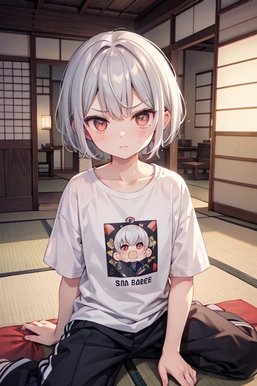 In the summer daytime, in a Japanese-style room,detailed background,beautiful background,BREAK he is sitting on tatami,
BREAK
A old male,Short Hair,Gray Hair,grandfather,T shirts,black pants,Tsundere,red cheeks
BREAK he folds his arms, with wrinkles between his brows. angry face,An aura of anger (emanating:1.5) rises from his body. break masterpiece,best quality,super detailed,super fine illustration,8k,cute,