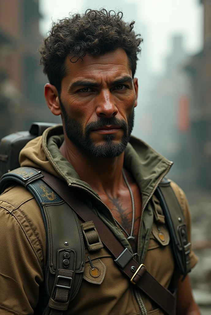 Adult with a defined and thin body, his eyes are brown and his skin tone is light brown.,His hair stands out for being curly and having a slight beard. He lives in the Fallout capital wasteland. ,not so defined
