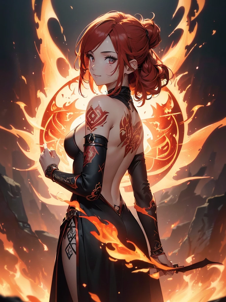 (((best quality, sharp image, clear image, cinematic lighting, 8k resolution, masterpiece, ultra detailed, intricate))) Girl, (((looking over left shoulder))), (shot from behind), fire mage, ((intricate background)), ((chaotic background)), red hair, smiling, ((flame runes, flame sigils)), (tatoo on back), slim figure, flying sigils