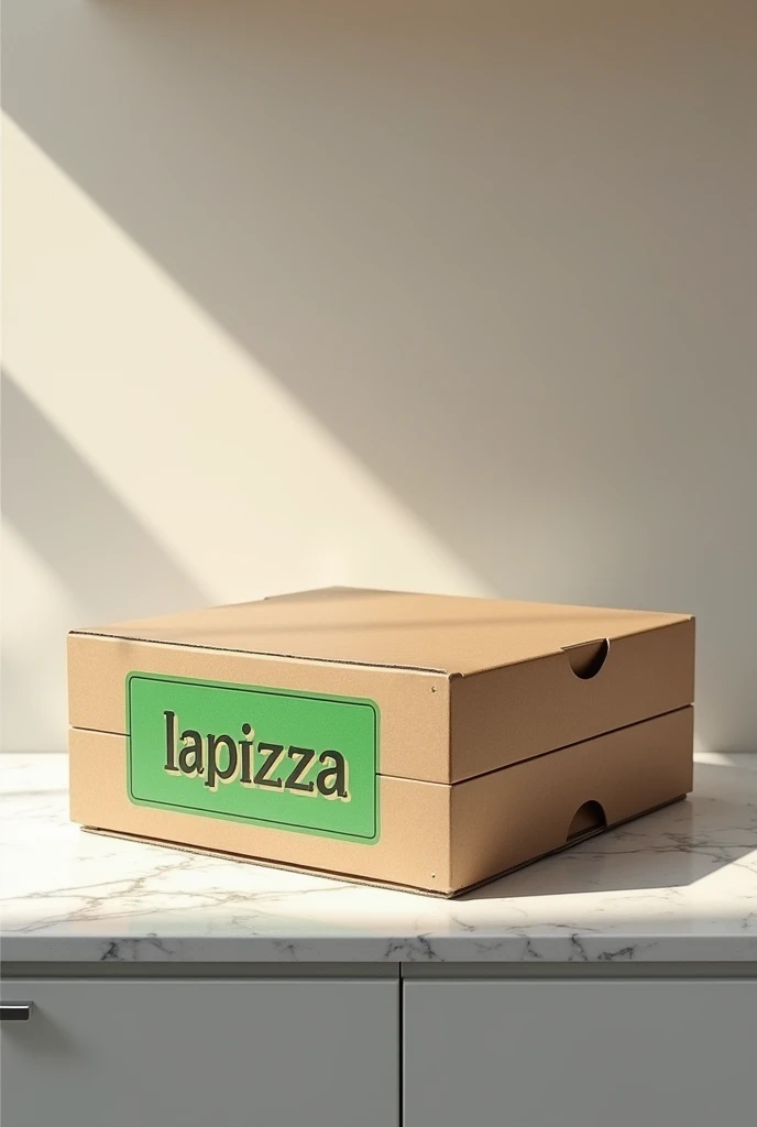 create a realistic and detailed pizza box on the counter with the label written on it "LaPizza" Italian fashion with green background