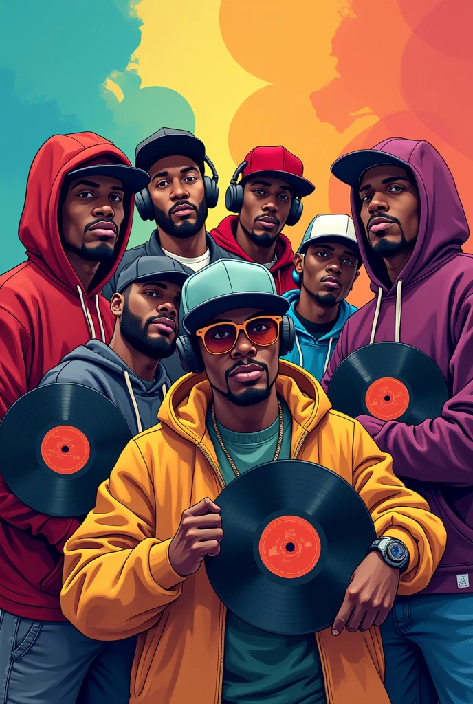 A cartoon colourful hip hop cover art of about 7 guys with the hip hop dressing with 4 of them holding vinyl records and 2 having headphones on while the man at the front is holding a speaker while the one directly behind him is folding his arm and visibly frowning. They should be arranged in a 3D way