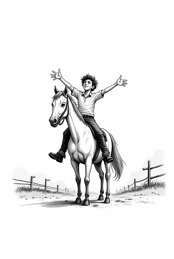 28 year old Boy sitting on a horse with arms open and feet up in a ranch. Front view. Meme. Doodle sketch. Printable black and white.
Without back ground.