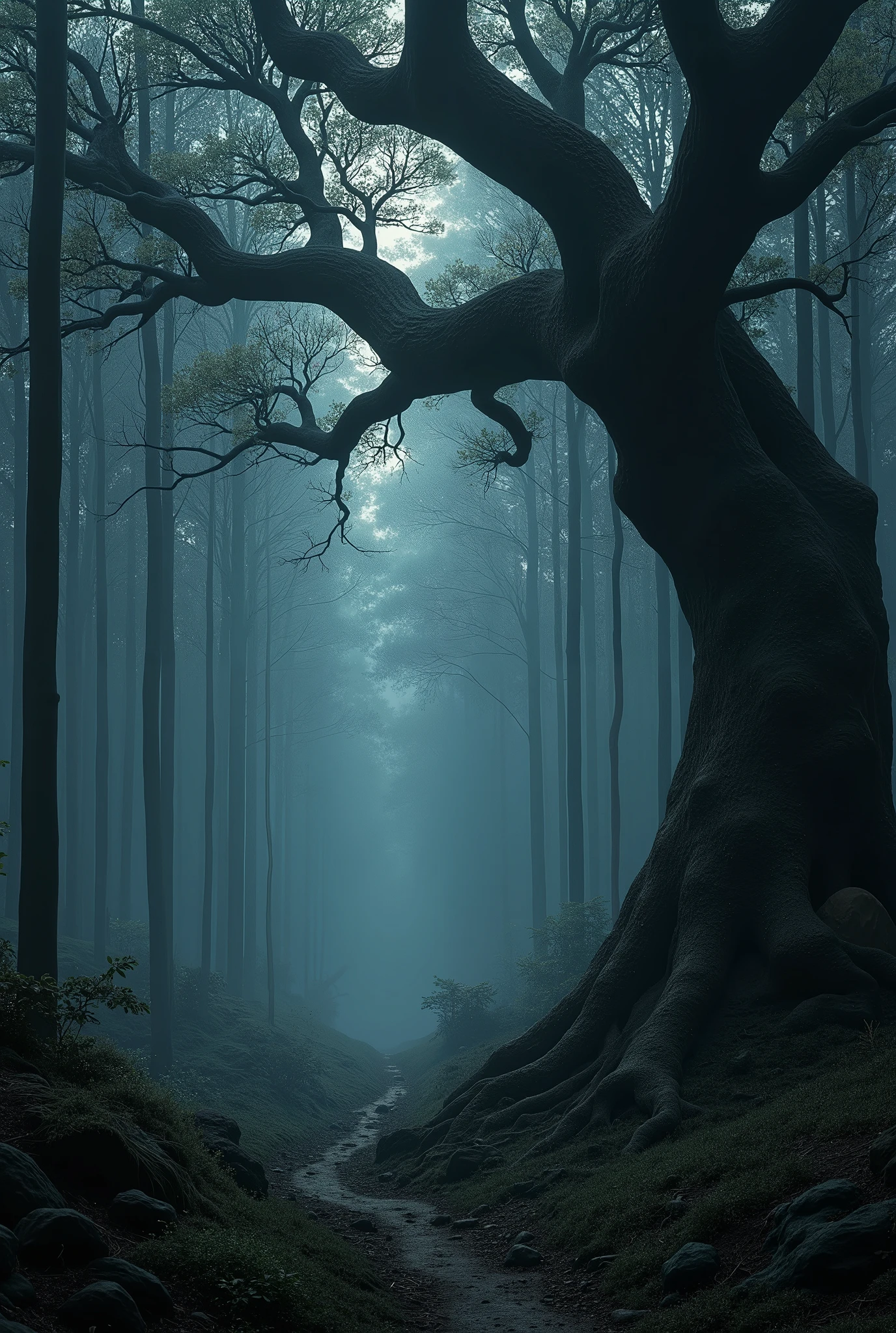 generates a dark forest with more trees in the background with a tree on the right with a realistic branch sticking out at the top