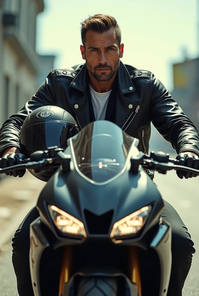 Create a realistic photo of a man on a powerful motorcycle, where his face appears and he is holding a helmet