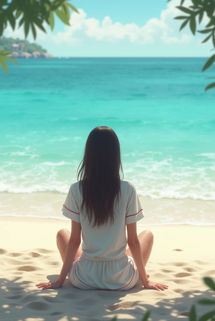 A woman in front of the beach wearing short pajamas and seen from behind