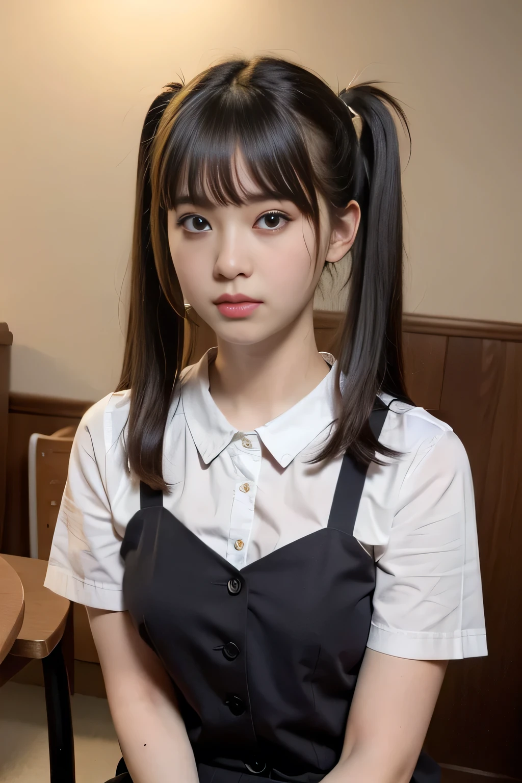 Photo realistic、Photorealistic　Black-haired、Straight Hair,((Twin tails))、Blunt bangs　drooping eyes、Iris、Plump Cheeks、Round face contours　,((18-year-old、high school girl))、Sappin&#39;、Sailor suit、ribbon、Skirt、Drenched in sweat　Enjoy the facial expressions、((Laughter:Showing teeth)))、Big ample breasts、low length、Vaginal、Female organ、、　Boldly open your legs、Normal bit、Insert、Vaginal Insert、