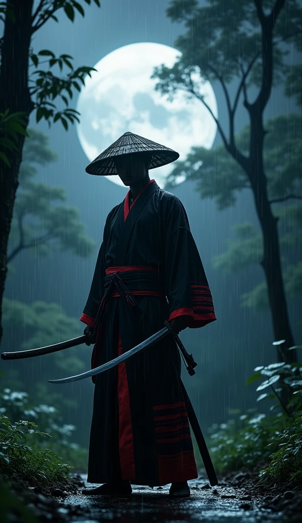 A dark and dignified samurai standing in the rain, Wearing a traditional Japanese bamboo hat(fail) and、Her black kimono with fluorescent red stripes glittered in the moonlight., 鋭利な抜knifeした日本knifeを持っている(knife), Surrounded by a deep forest landscape with artificial raindrops falling, Under the full moon shining brightly in the night sky, (Highest quality,Very detailed,Realistic,photoRealistic,photo-Realistic:1.37),Very detailed,masterpiece,High resolution,Cinema Lighting,Dramatic composition,Stunning colors,natural environment,Dramatic atmosphere