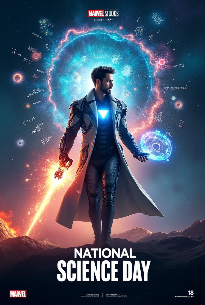"A movie-style poster inspired by the Marvel theme, celebrating National Science Day. The background is dramatic with a dark, cosmic scene featuring swirling galaxies and vibrant nebulae. At the center, a heroic figure resembling a scientist is depicted in a powerful, dynamic pose, wearing a high-tech suit similar to Iron Man's armor, but with elements like lab equipment integrated into the design. The scientist is holding advanced gadgets in one hand, with the other hand projecting holographic scientific formulas and molecular structures. Surrounding the figure are other iconic science-related imagery like a DNA helix, an atom, and a glowing microscope. The top of the poster features bold, cinematic text: 'National Science Day' with the subheading '18 August'. The overall style is epic, action-packed, and captures the excitement of scientific discovery, as seen through the lens of a superhero movie."