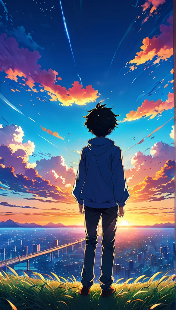 Anime landscape of The image shows a boy falling from the sky in the distance in the air, sunset, seen from afar, a beautiful colorful anime scene, seen from afar, a beautiful anime scene of peace, Makoto Shinkai Cyril Rolando, beautiful anime scene , amazing wallpaper, anime art wallpaper 8k, anime background, artistic anime background, anime wallpaper 4k, anime art wallpaper 4k, anime art 4k wallpaper,